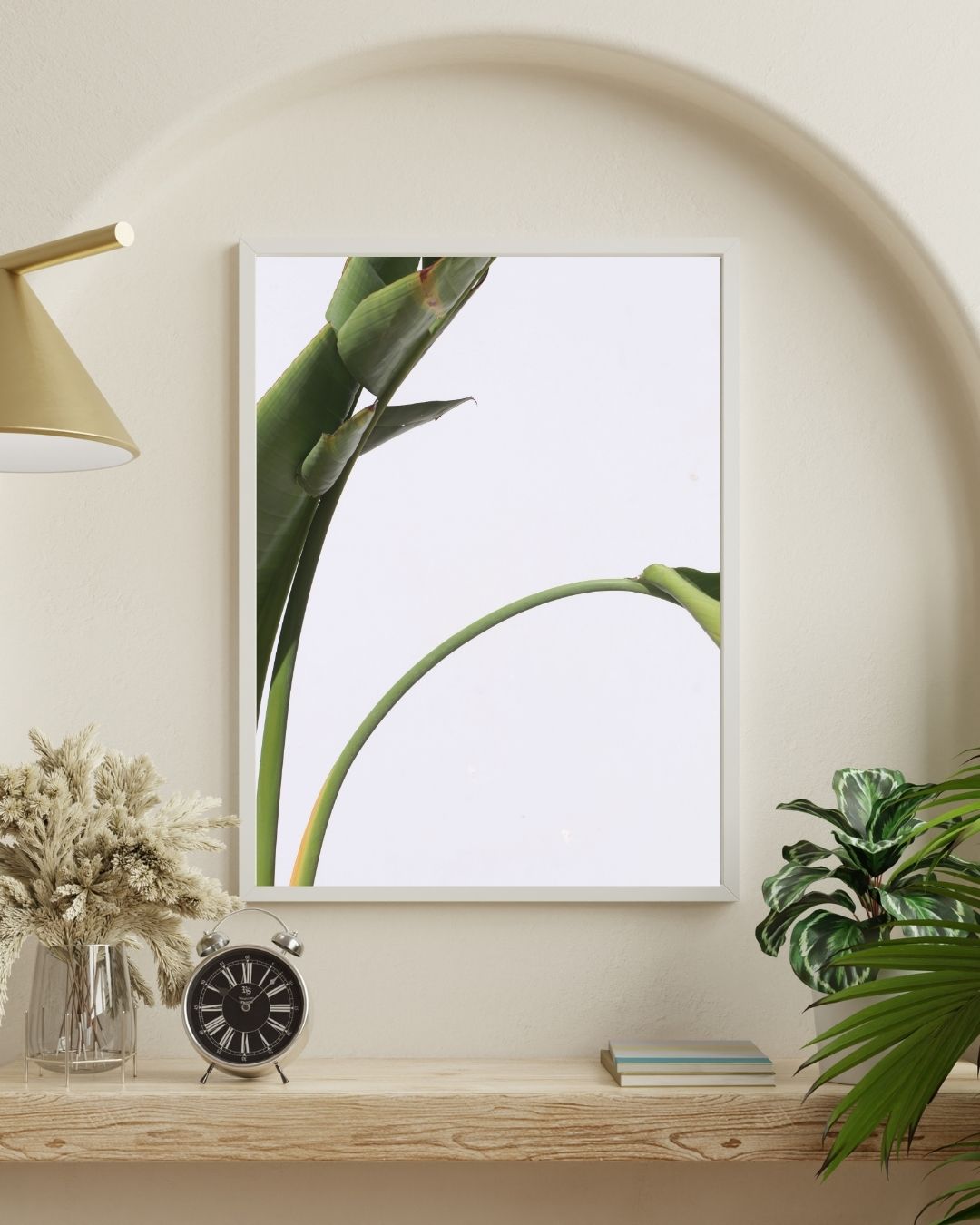 Close up photo of a banana leaf against a white wall shown in -situ in a home setting with accessories. 